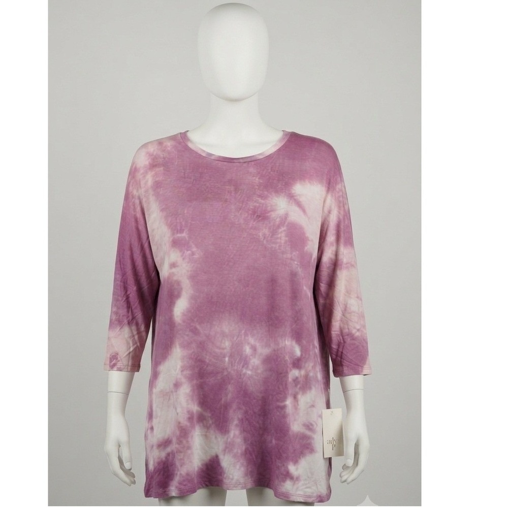 Ady P Women Purple Tie Dye Tunic Top 3/4 Sleeve Crew Neck Plus Size 2XL NWT